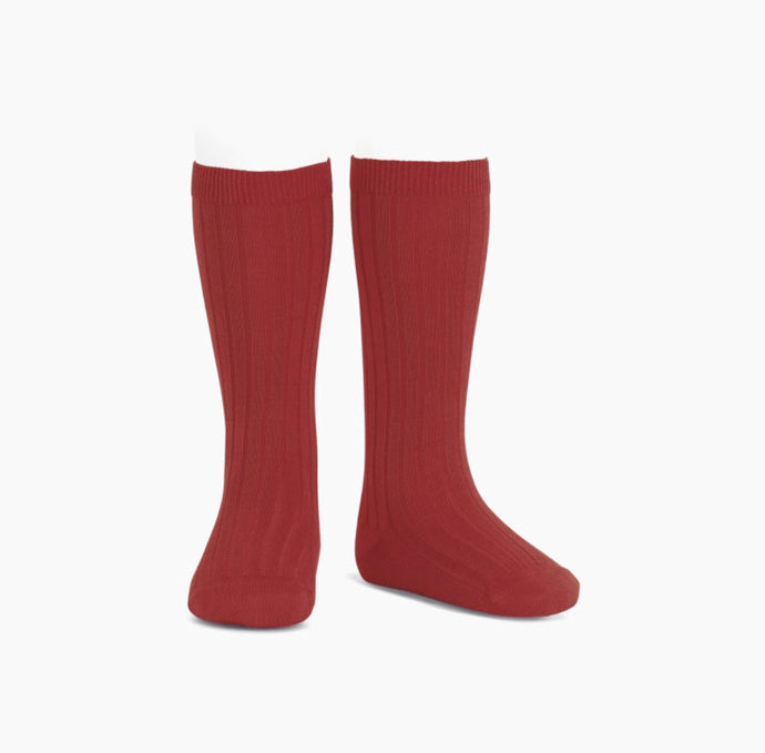 Ribbed Cotton Knee Sock- Red (00)